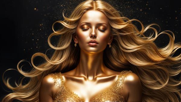 پوستر دیواری سه بعدی از چهره زن با موهای موج‌دار طلایی و تلالو نوری زیبا برای دکور پشت میز آرایش و اتاق خواب دخترانه