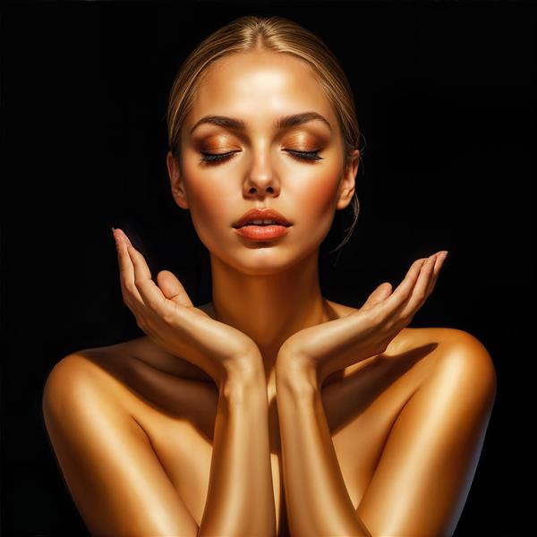 تصویر هنری چهره زن با پوست برنزه و درخشش طلایی مناسب برای تابلوی دکوراتیو اتاق مستر و دکوراسیون لابی جیم بانوان