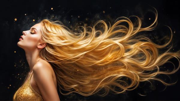 طرح گرافیکی موهای بلند و پریشان طلایی زنانه ویژه پوستر دیواری سالن‌های کاشت مو و کلینیک‌های زیبایی پوست و مو