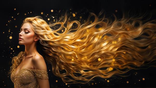 تصویر رویایی زن با موهای بی‌‌نهایت بلند و ذرات درخشان مناسب برای چاپ روی کاغذ دیواری، صفحه دفترچه فانتزی و تابلوهای هنری مدرن