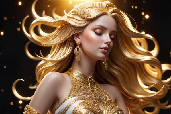 تصویر چهره زن زیبا با زیورآلات طلایی و موهای بلند برای تابلوی دکوراتیو سالن آرایش و چاپ روی کوسن و کالای خواب دخترانه