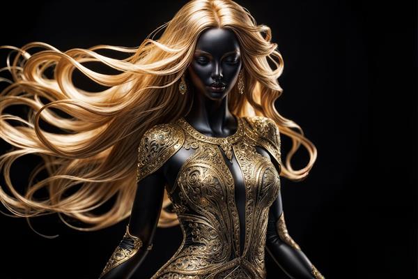 طرح فانتزی زن سیاه‌پوست با لباس و موهای طلایی خیره‌کننده مناسب برای پوستر دیواری مزون‌های خاص و دکوراسیون مدرن آتلیه