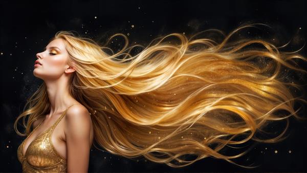 عکس هنری زن با موهای افشان طلایی و درخشان برای چاپ روی پرده پانچی آرایشگاه زنانه، سالن زیبایی و اتاق مستر