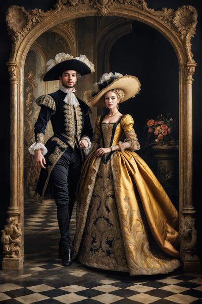 پوستر دیواری طرح نقاشی کلاسیک اروپایی با فیگور زن و مرد نجیب‌زاده ویژه دکوراسیون پشت میز مدیریت و سالن‌های انتظار تشریفاتی