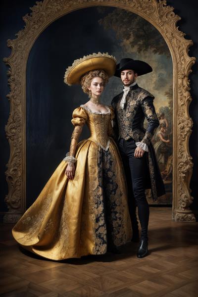 تصویر فیگور کلاسیک زوج سلطنتی در قاب عمارت قدیمی برای پوستر دیواری سه بعدی اتاق خواب بزرگسال و سالن‌های همایش مجلل