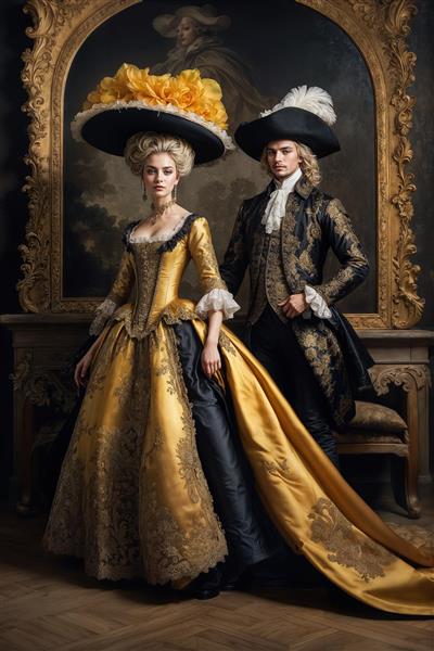 طرح اشرافی زن و مرد با لباس‌های باروک فرانسوی قرن هجده مناسب برای تابلو دکوراتیو تالارهای پذیرایی و لابی هتل‌های لوکس و پوستر دیواری کلاسیک