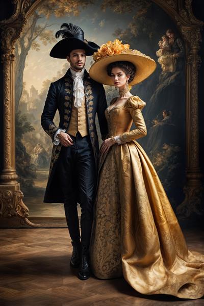 طرح کلاسیک زوج سلطنتی در باغ برای پوستر دیواری اتاق نشیمن، سالن‌های زیبایی لوکس و چاپ روی پرده‌های پارچه‌ای و شید