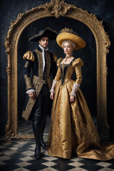 پوستر دیواری طرح زوج نجیب‌زاده در درگاه سنگی قدیمی ایده آل برای رستوران‌های سنتی، هتل‌های تاریخی و دکوراسیون ورودی ساختمان