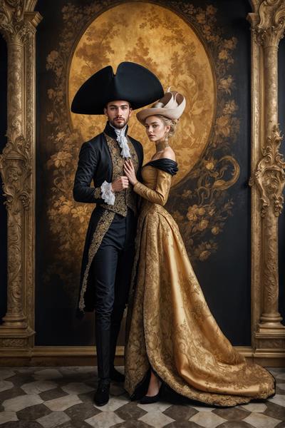 تصویر گرافیکی زوج اشرافی با تم طلایی در کادر دایره‌ای برای چاپ روی بشقاب‌های تزیینی، ماگ، سینی و پوستر دیواری فضاهای خاص