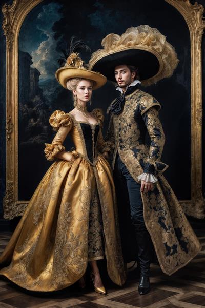 پوستر دیواری هنری زوج با کلاه‌های بزرگ و لباس فاخر طلایی مناسب برای دکوراسیون پشت تخت خواب و دیوارهای بزرگ در ویلاهای مدرن