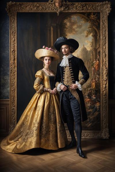 نقاشی رمانتیک زوج نجیب‌زاده در کنار بنای تاریخی برای پوستر دیواری اتاق مطالعه، راهروهای هتل و طراحی جلد دفاتر و آلبوم‌های عکس