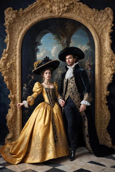 پوستر سه بعدی طرح زوج در قصر با تم مشکی و طلایی درخشان ویژه دیوار شاخص سالن پذیرایی، دکوراسیون دفاتر لوکس و چاپ روی کوسن