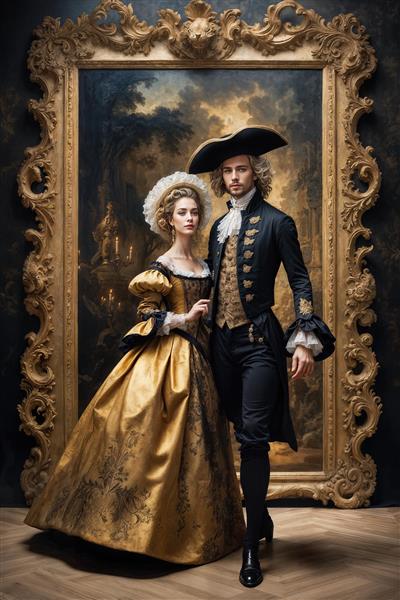 طرح پوستر دیواری زوج سلطنتی در کادر طلایی مجلل مناسب برای تزیینات داخلی هتل‌های ۵ ستاره، کاخ‌ها و فضاهای پذیرایی سنتی