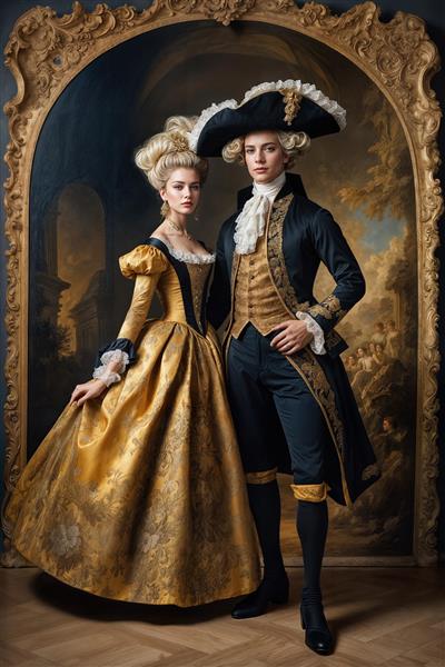 تصویر باکیفیت زوج اشرافی با استایل باروک و لباس‌های طلایی برای پوستر دیواری تالارهای مجلل، لابی ساختمان‌های لوکس و دیوار اتاق خواب