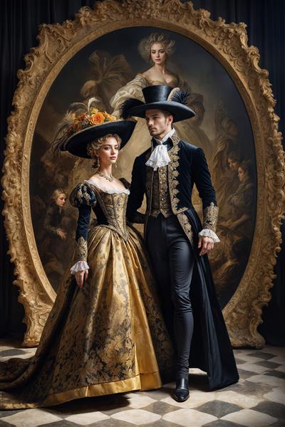 طرح عمودی پوستر دیواری زوج پادشاه و ملکه با جزییات طلایی خیره‌کننده برای دکوراسیون اتاق پذیرایی، سالن‌های زیبایی و گالری‌های هنری