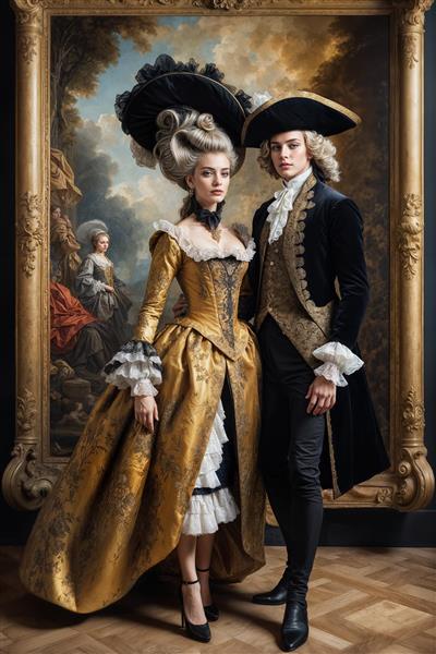 تصویر کلاسیک بانو و مرد نجیب‌زاده با کلاه و لباس‌های گران‌قیمت برای پوستر دیواری آرایشگاه‌های زنانه و مزون‌های لباس عروس و مجلسی