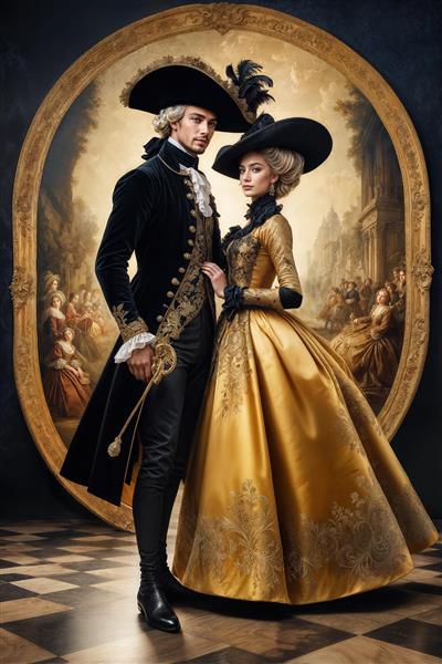 پوستر دیواری لوکس زوج با استایل اشرافی در قاب بیضی طلایی مناسب پشت میز پذیرش هتل و اتاق‌های وی‌آی‌پی با قابلیت چاپ روی فرش و موکت