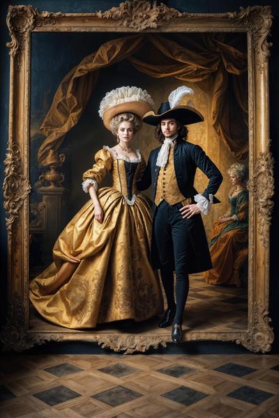 نقاشی هنری زوج ویکتوریایی با لباس‌های فاخر طلایی و مشکی برای تابلوهای دکوراتیو، پوستر سه بعدی و چاپ روی روتختی بزرگسال