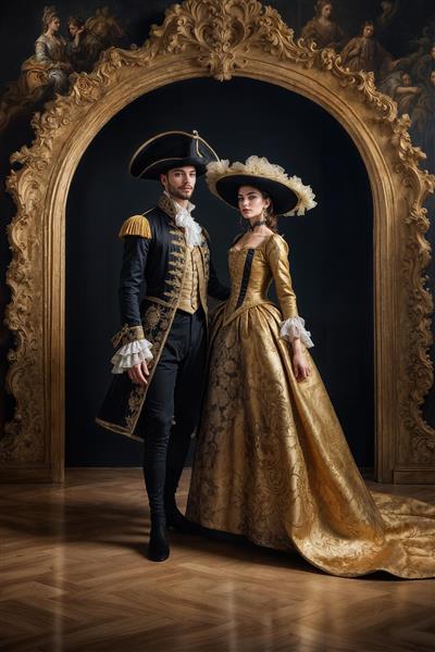 طرح خاص پوستر دیواری زوج سلطنتی در درگاه طاق طلایی ویژه فضاهای بزرگ مانند لابی، تالار و ورودی‌های مجلل و چاپ روی پرده‌های تصویری