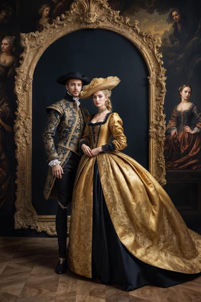 تصویر کلاسیک زوج اشرافی با لباس‌های باروک و قاب طلایی مجلل برای تالار و عمارت
