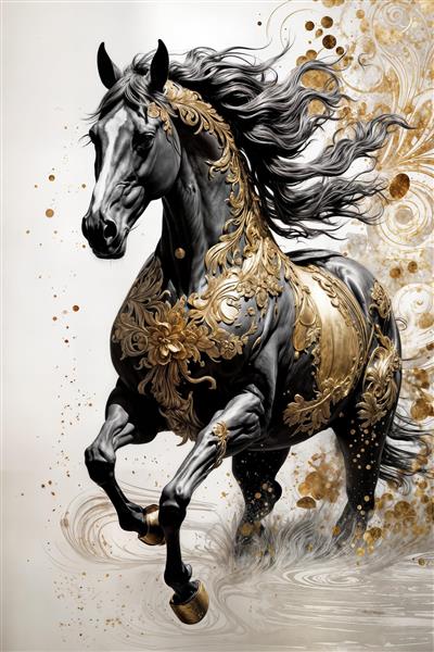 پوستر سه بعدی اسب در حال دویدن با جزئیات طلایی لوکس برای دکوراسیون اداری و هتل