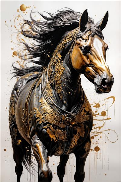 طرح هنری اسب مشکی با نقوش اسلیمی طلایی مناسب چاپ پوستر دیواری پذیرایی و لابی