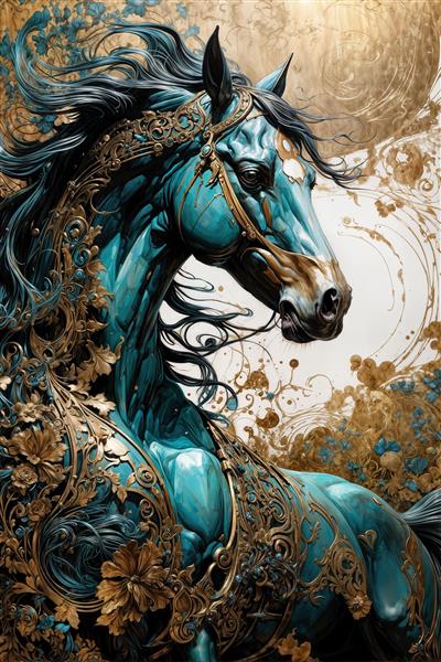 طراحی دیجیتال اسب فیروزه‌ای با نقوش گل‌دار طلایی و یال‌های مواج در سبک سورئال – تصویر استوک گرافیکی