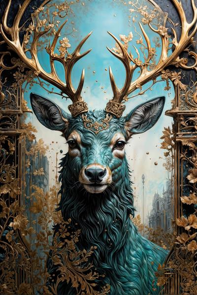 تصویر فانتزی سر گوزن فیروزه‌ای با شاخ‌های بلند طلایی و تزئینات اسلیمی – بک‌گراند وب‌سایت و پوستر هنری