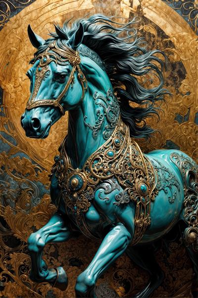 نقاشی هنری اسب در حال دویدن با زین و یراق آلات طلایی مرصع در پس‌زمینه درخشان – تابلو لوکس دیواری