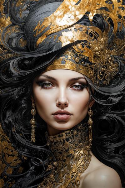 پرتره زن زیبا با تاج و جواهرات ظریف طلایی و موهای مشکی پرپشت – تابلو شاسی و پوستر سالن آرایش