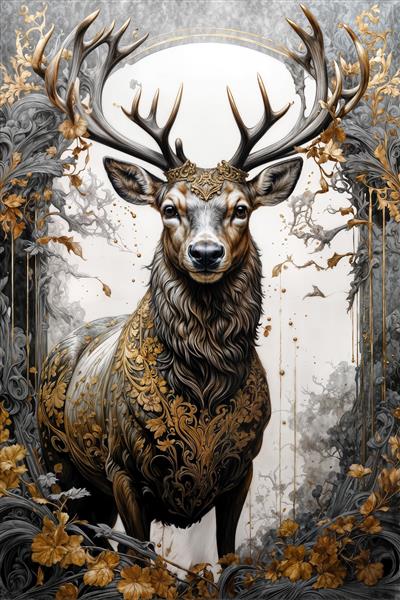 طرح گرافیکی گوزن با شاخ‌های طلایی و پوشش گل‌دار مینیاتوری در سبک نقاشی کلاسیک – تابلو دکوراتیو منزل و دفتر کار