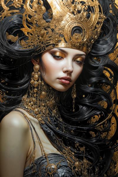 عکس با کیفیت زن با استایل باستانی و اکسسوری‌های طلایی در سبک فانتزی تاریک – طراحی گرافیکی تبلیغاتی و پوستر
