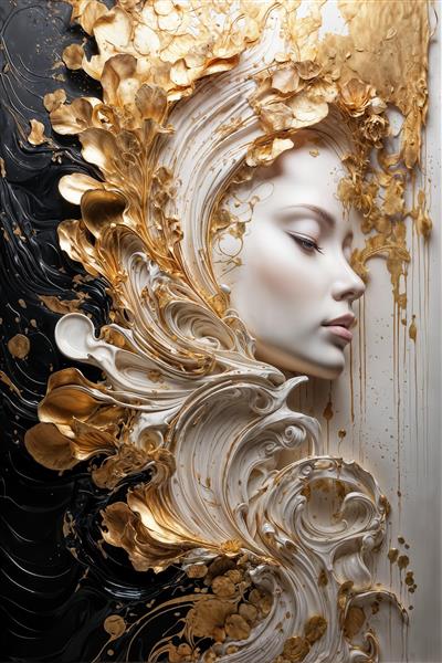 تابلوی دکوراتیو نقش برجسته چهره زن سفید و طلایی با گل‌های انتزاعی مدرن – پوستر دیواری پذیرایی و اتاق خواب