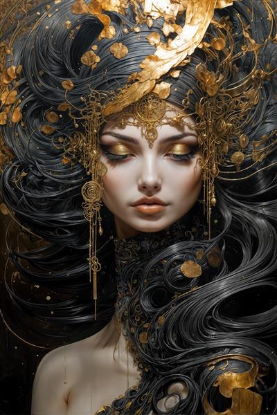 تصویر هنری زن با آرایش طلایی و موهای بلند مواج سیاه در سبک سورئال مدرن – پوستر سالن زیبایی و آرایشگاه