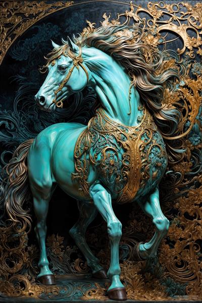 نقاشی دیجیتال اسب فیروزه‌ای با زره طلایی و تزئینات اسلیمی لوکس در پس‌زمینه تیره – تابلو دکوراتیو کلاسیک پذیرایی