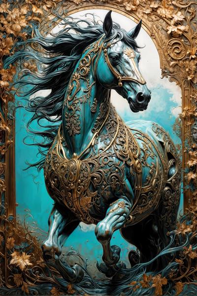 تصویر اسب در حال حرکت با جزییات طلایی و قاب هنری درخشان مناسب چاپ پوستر دیواری و تابلوی دکوراتیو