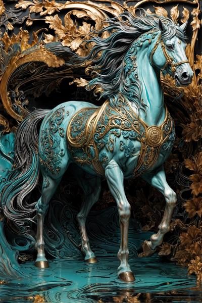 طرح گرافیکی اسب فیروزه‌ای با زین و برگ طلایی در میان نقوش اسلیمی برای تابلوی لوکس و دکوراسیون داخلی