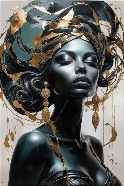 پرتره هنری زن آفریقایی با سربند مجلل مشکی و طلایی سبک آرت دکو برای تابلوی مدرن سالن آرایش و مزون