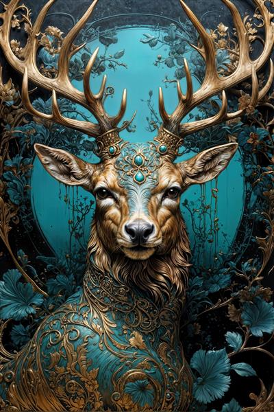 تصویر هنری سر گوزن در میان گل‌های آبی و قاب تزیینی کلاسیک برای چاپ روی بوم و تابلو دکوراتیو اتاق خواب