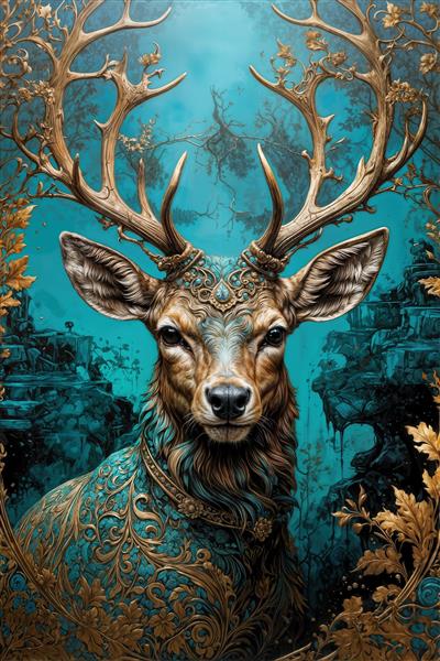 طرح فانتزی گوزن با شاخ‌های بلند و تزیینات طلایی اسلیمی مناسب چاپ تابلوی دکوراتیو و پوستر دیواری پذیرایی