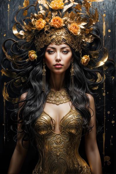 پوستر دیواری لاکچری زن با تاج گلی و آرایش طلایی ویژه اتاق خواب، سالن های زیبایی و لابی هتل های مدرن