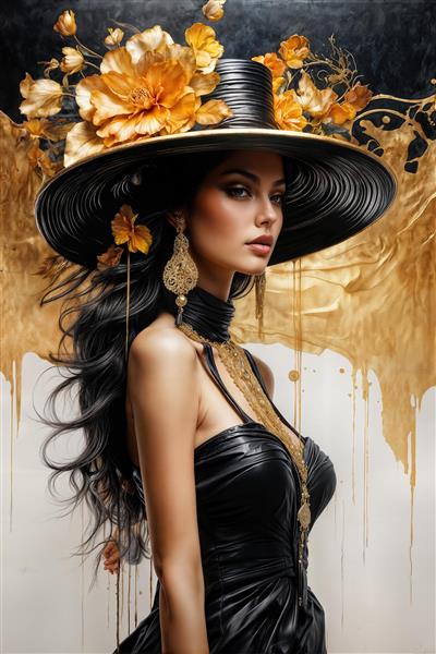 پوستر دیواری فانتزی زن با کلاه لبه‌دار مشکی و گلهای زرد مناسب برای مزون‌های لباس، راهرو هتل و دکوراسیون پشت تخت