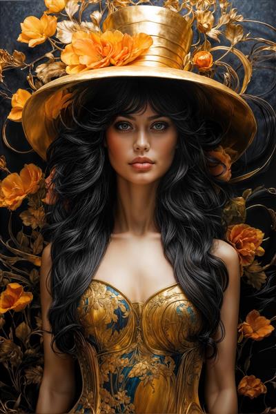 طرح عمودی زن با کلاه بزرگ و موهای فر تیره جهت چاپ پوستر دیواری سه بعدی در اتاق خواب مستر و سالن های اسپا