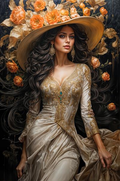 تصویر رویایی زن با لباس کرم طلایی و کلاه گلدار برای چاپ روی روتختی، پرده و پوستر دیواری اتاق خواب و فضای نشیمن