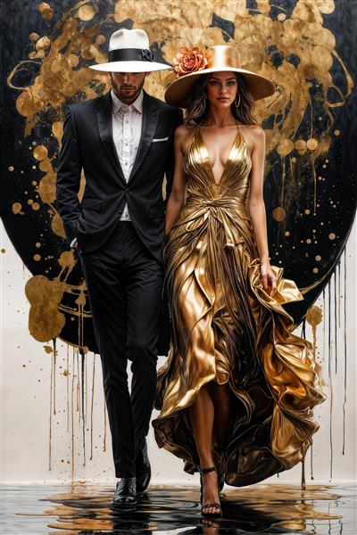 طرح گرافیکی قدم زدن زوج با استایل کلاسیک طلایی و مشکی ویژه پوستر دیواری تالارهای مجلل و ورودی هتل های لوکس