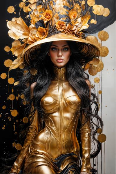 پوستر دیواری مدرن زن با لباس متالیک طلایی و کلاه بزرگ لبه دار مناسب دکوراسیون فضاهای تجاری لوکس و لابی ساختمان