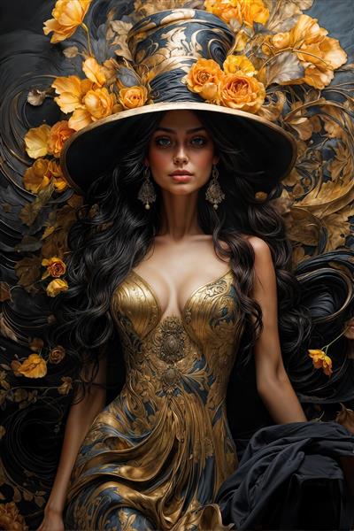 تصویر زن جذاب با لباس و کلاه تزیین شده با گلهای رز زرد برای پوستر دیواری اتاق خواب دخترانه، مزون و سالن های زیبایی