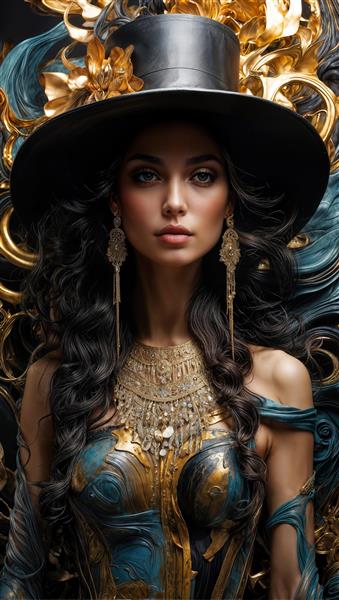 طرح فانتزی زن با کلاه مشکی و تزیینات فیروزه ای و طلایی مناسب پوستر دیواری عمودی و قاب دکوراتیو در اتاق خواب و سالن آرایش