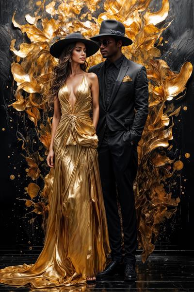 عکس باکیفیت زوج مدلینگ با استایل طلایی و مشکی برای پوستر دیواری آتلیه عکاسی، تالار عروسی و پشت میز پذیرش