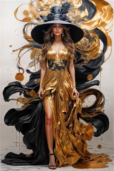 پوستر دیواری سه بعدی زن با لباس بلند طلایی و مشکی و دنباله انتزاعی جهت نصب در اتاق نشیمن، دفتر مدیریت و سالن های مد